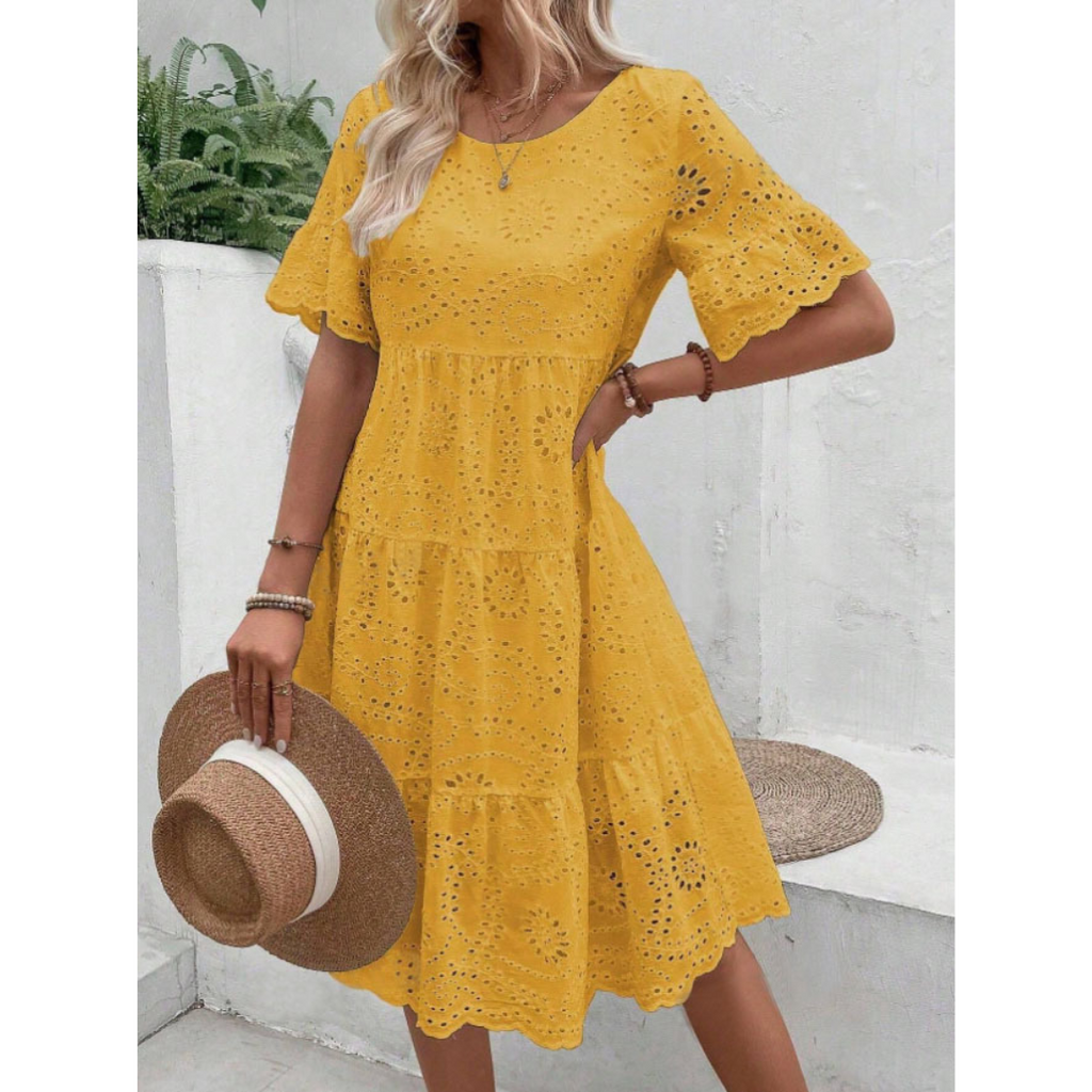 ELARA™ | broderie anglaise tiered midi dress