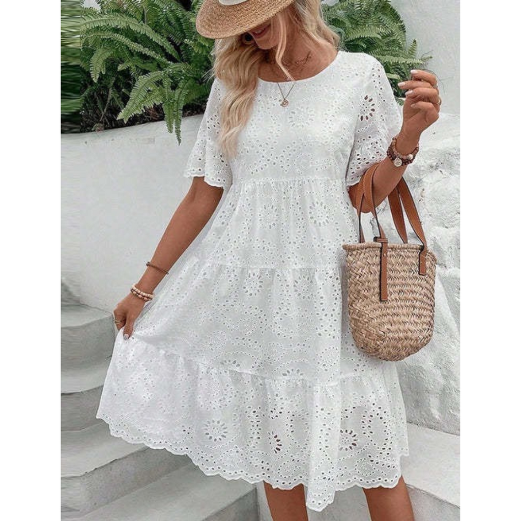 ELARA™ | broderie anglaise tiered midi dress