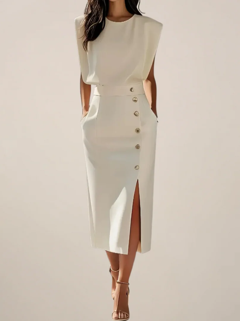 COLETTE™ | structured sleeveless button-detail midi dress