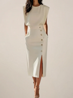 COLETTE™ | structured sleeveless button-detail midi dress