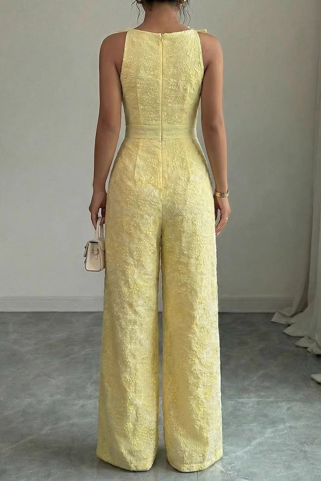 ELVIRA™ | textured bow strap wide-leg jumpsuit