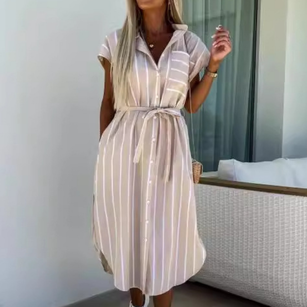 LIVIA™ | striped button-front belted midi dress
