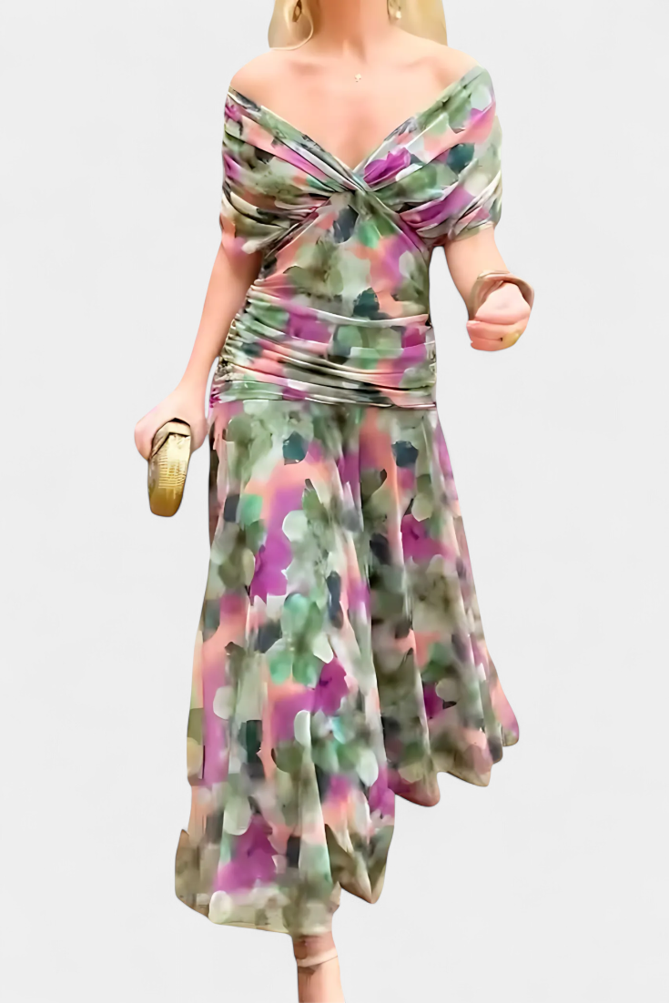 ISADORA™ | off-shoulder ruched chiffon midi dress