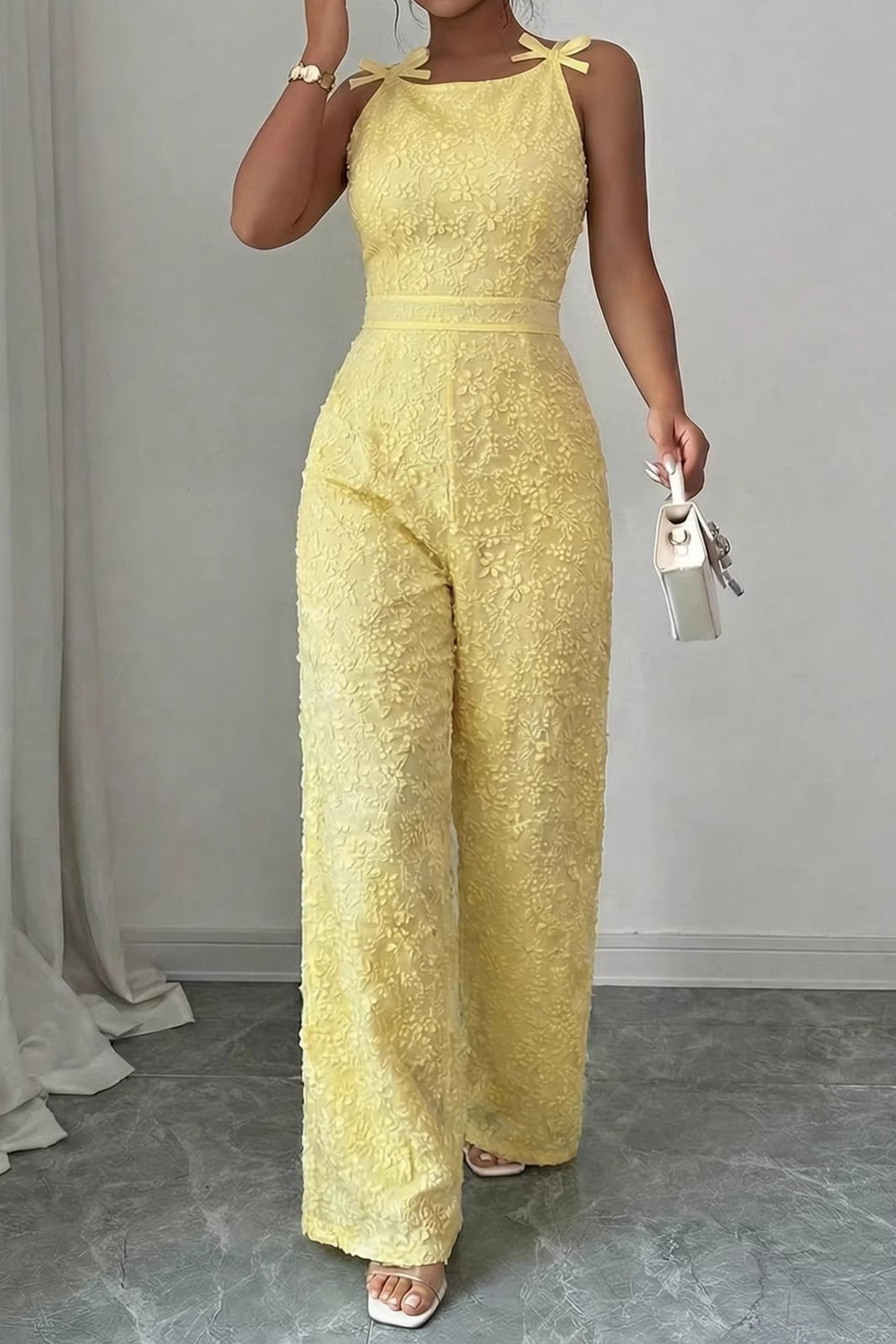 ELVIRA™ | textured bow strap wide-leg jumpsuit