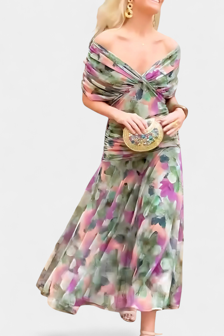 ISADORA™ | off-shoulder ruched chiffon midi dress