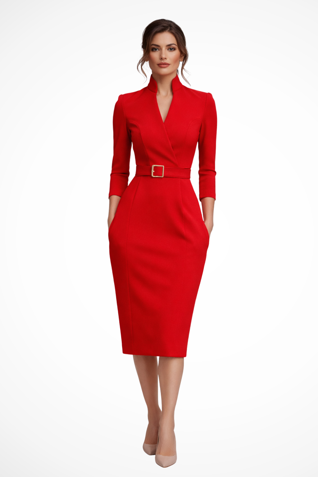 ALESSIA™ | belted fitted long sleeve midi dress