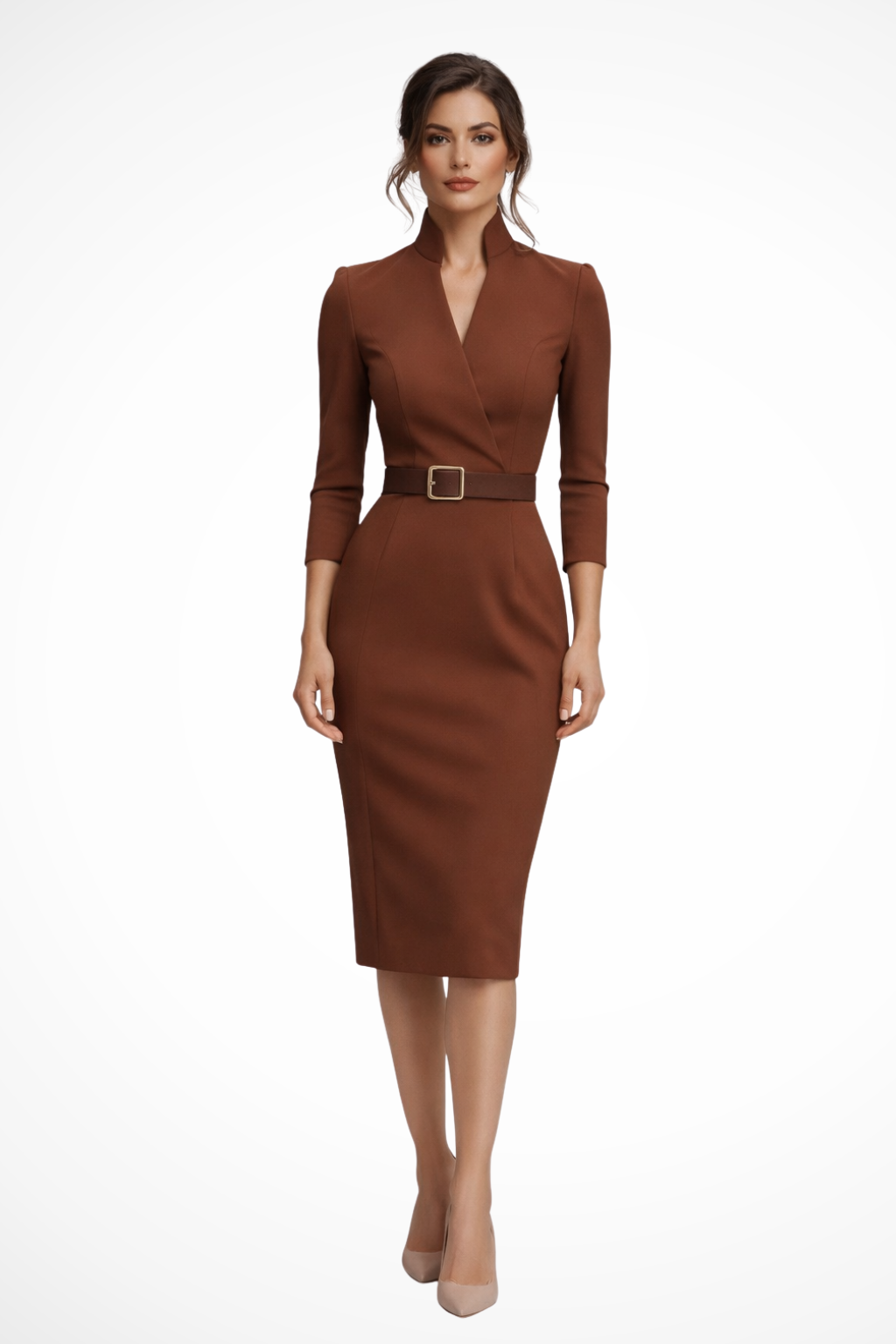 ALESSIA™ | belted fitted long sleeve midi dress