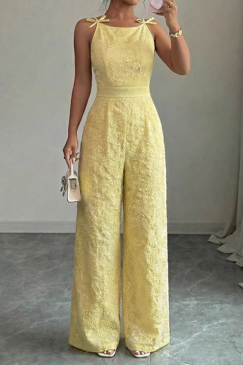 ELVIRA™ | textured bow strap wide-leg jumpsuit