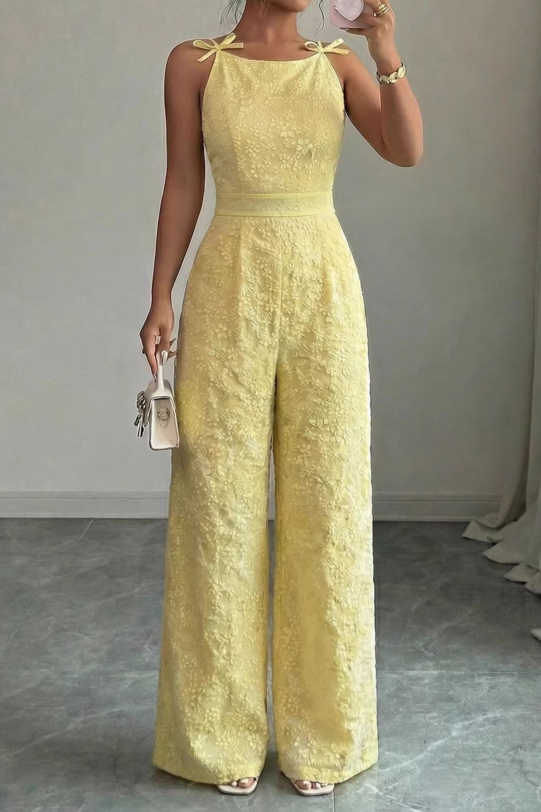 ELVIRA™ | textured bow strap wide-leg jumpsuit