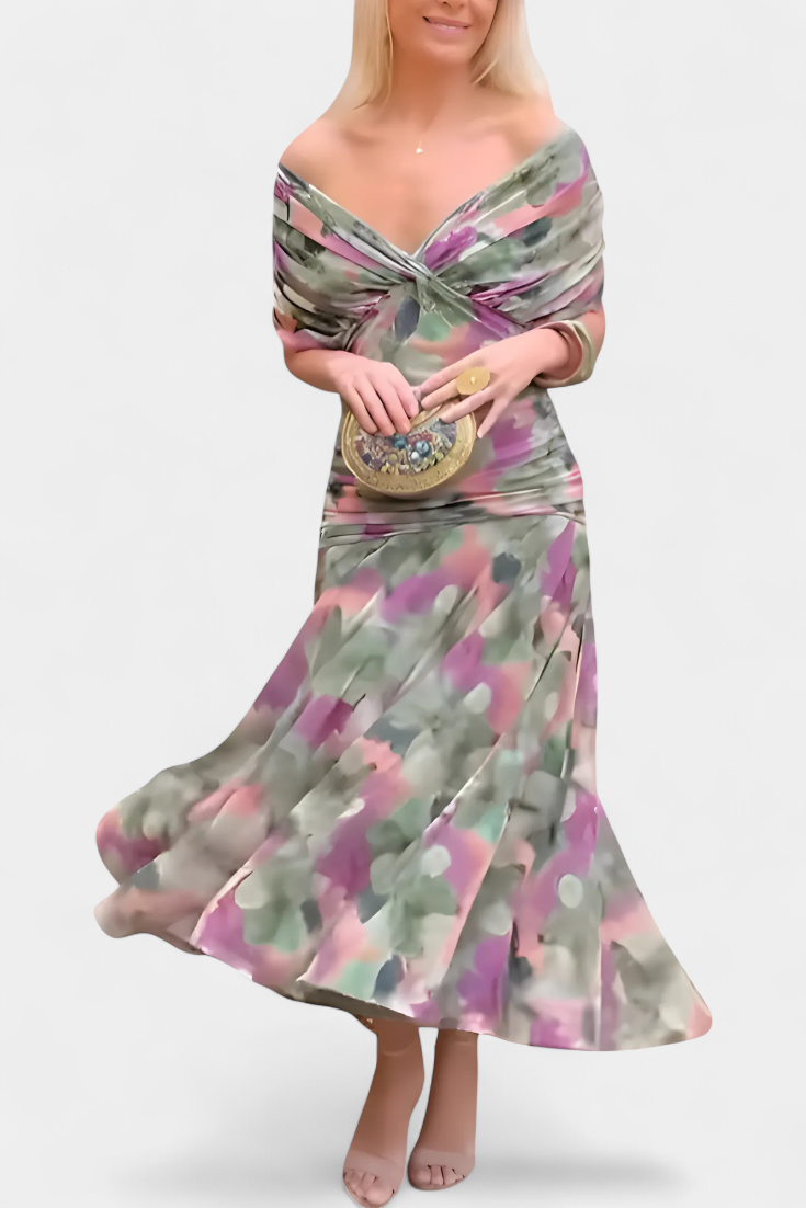 ISADORA™ | off-shoulder ruched chiffon midi dress