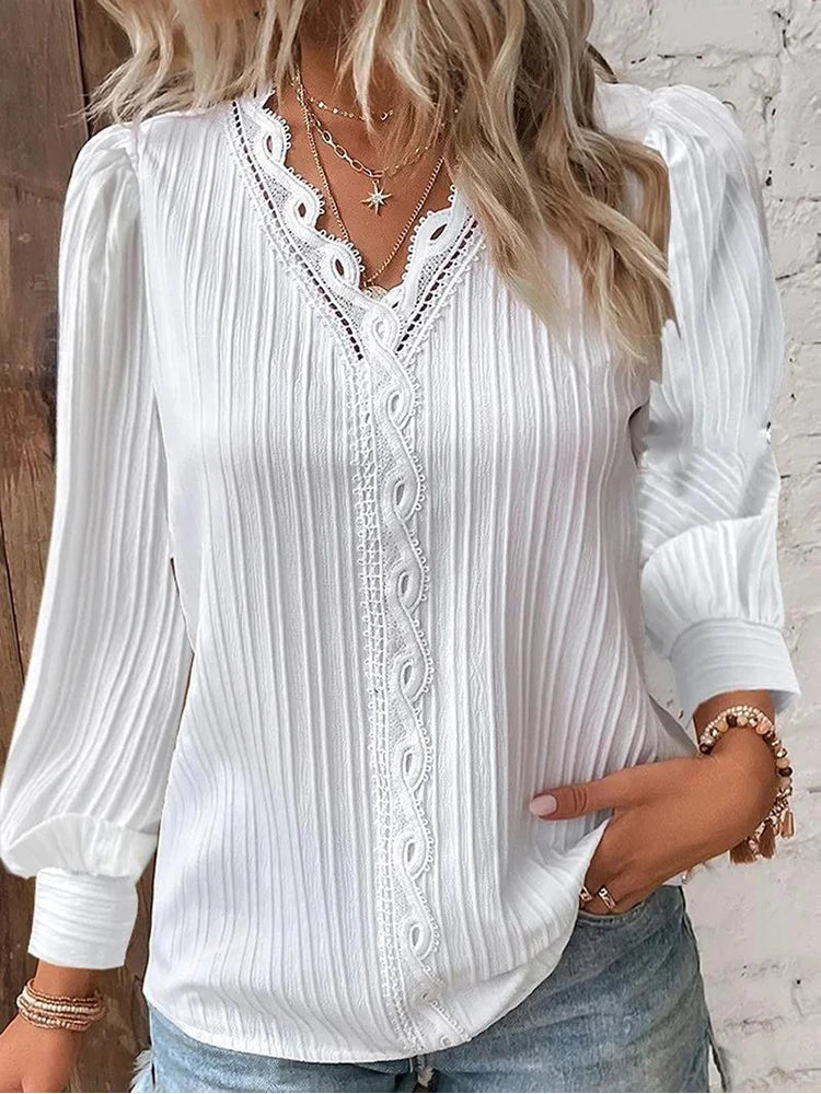 ALYSSA™ | pleated lace-trim V-neck blouse