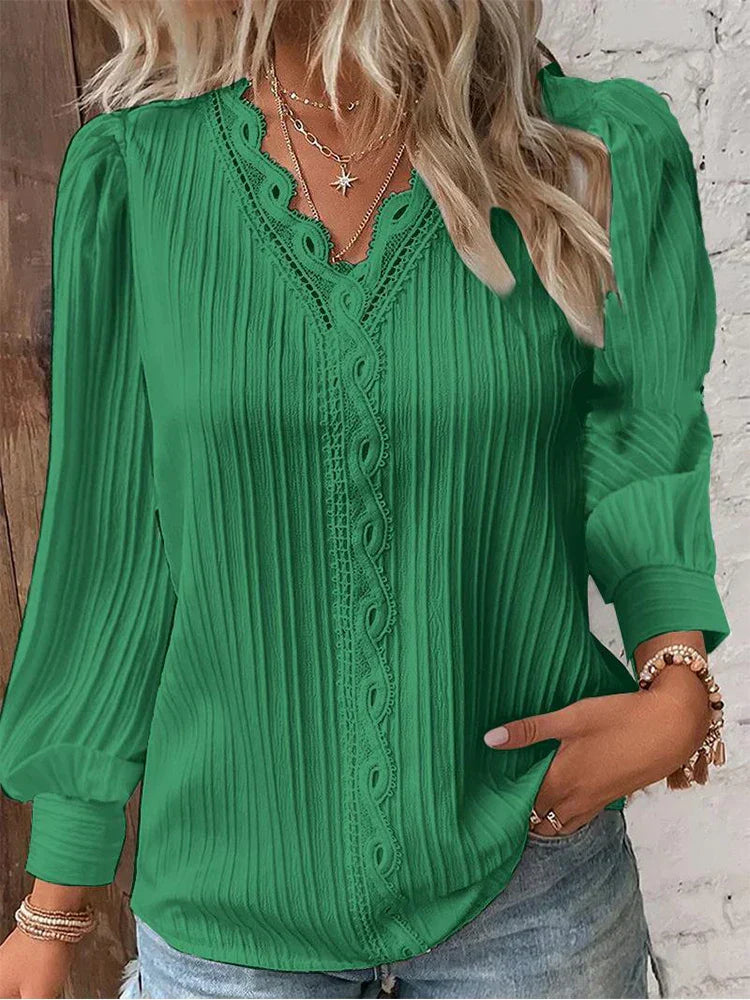 ALYSSA™ | pleated lace-trim V-neck blouse