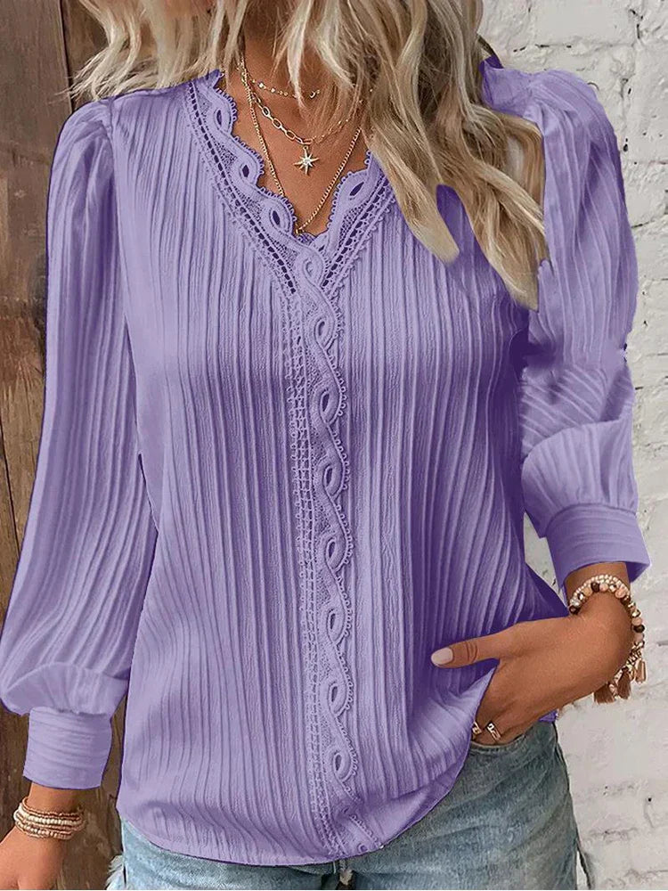 ALYSSA™ | pleated lace-trim V-neck blouse