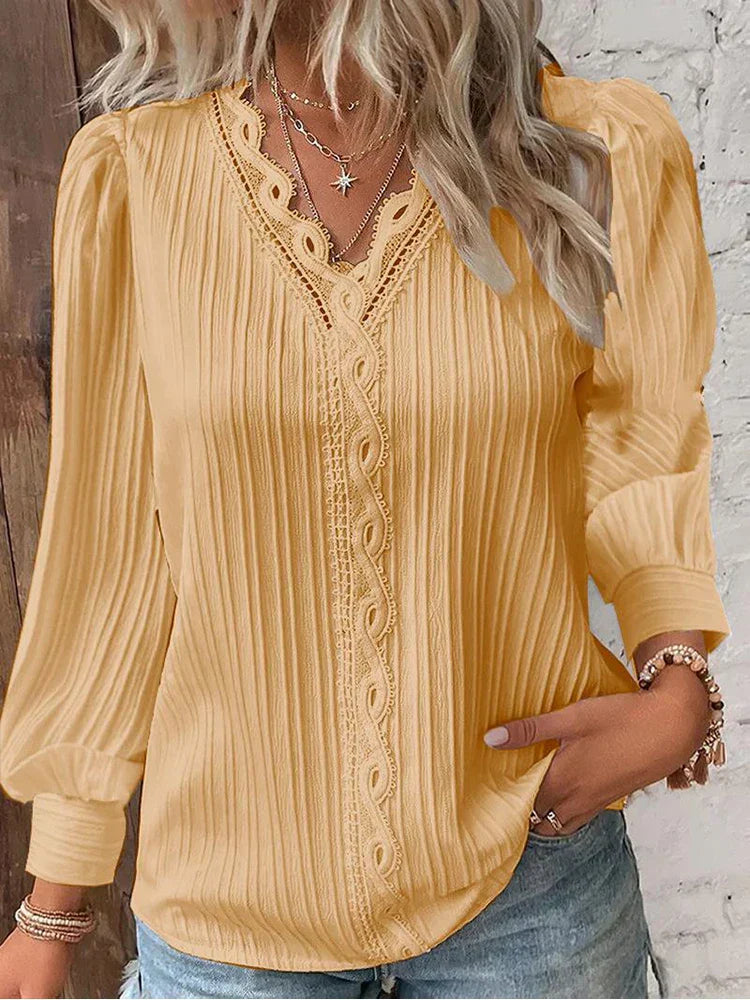 ALYSSA™ | pleated lace-trim V-neck blouse