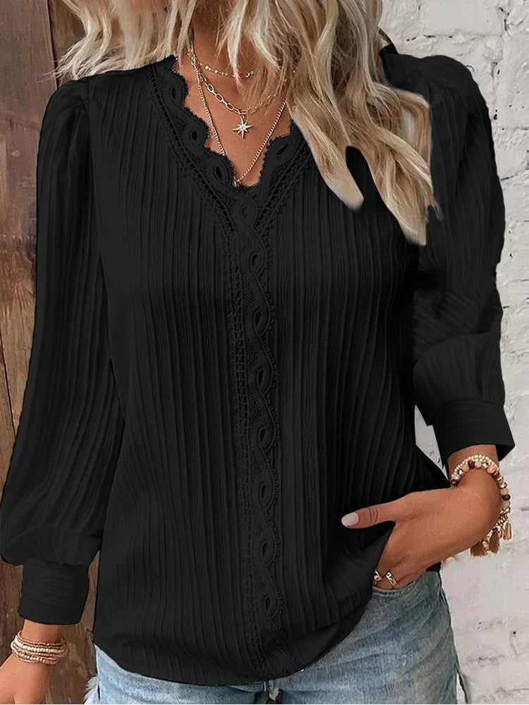 ALYSSA™ | pleated lace-trim V-neck blouse