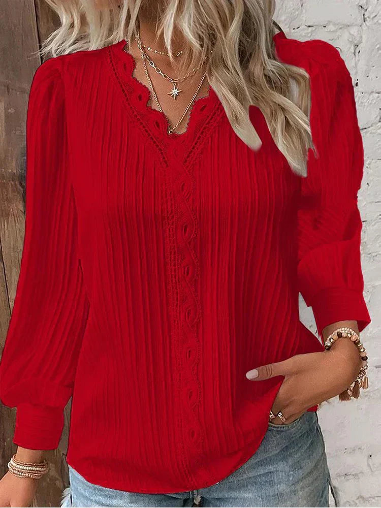 ALYSSA™ | pleated lace-trim V-neck blouse