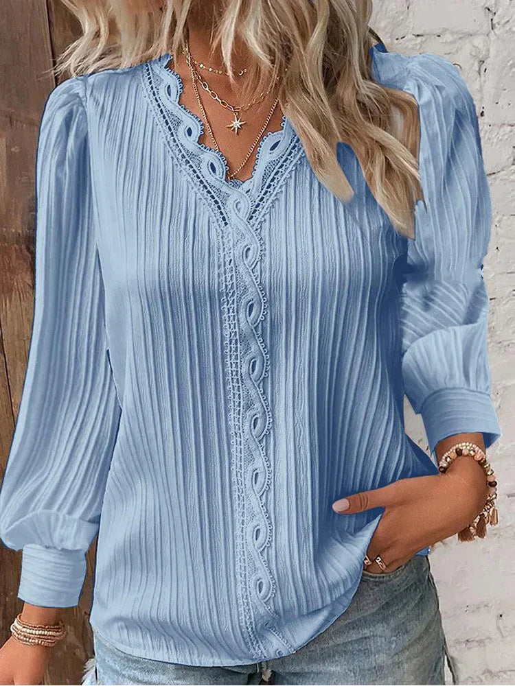 ALYSSA™ | pleated lace-trim V-neck blouse
