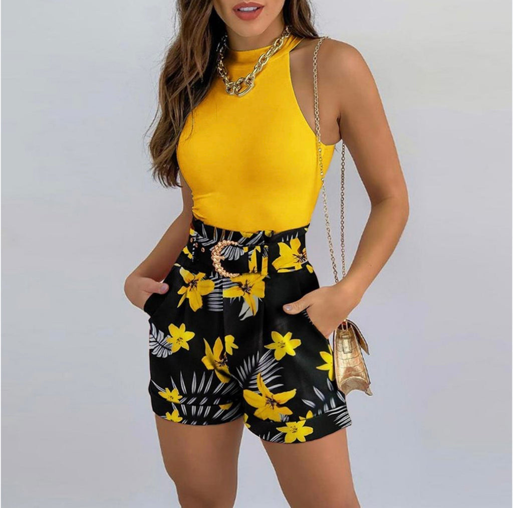 ZELINA™ | sleeveless high-neck top and printed shorts set
