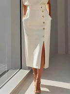 COLETTE™ | structured sleeveless button-detail midi dress
