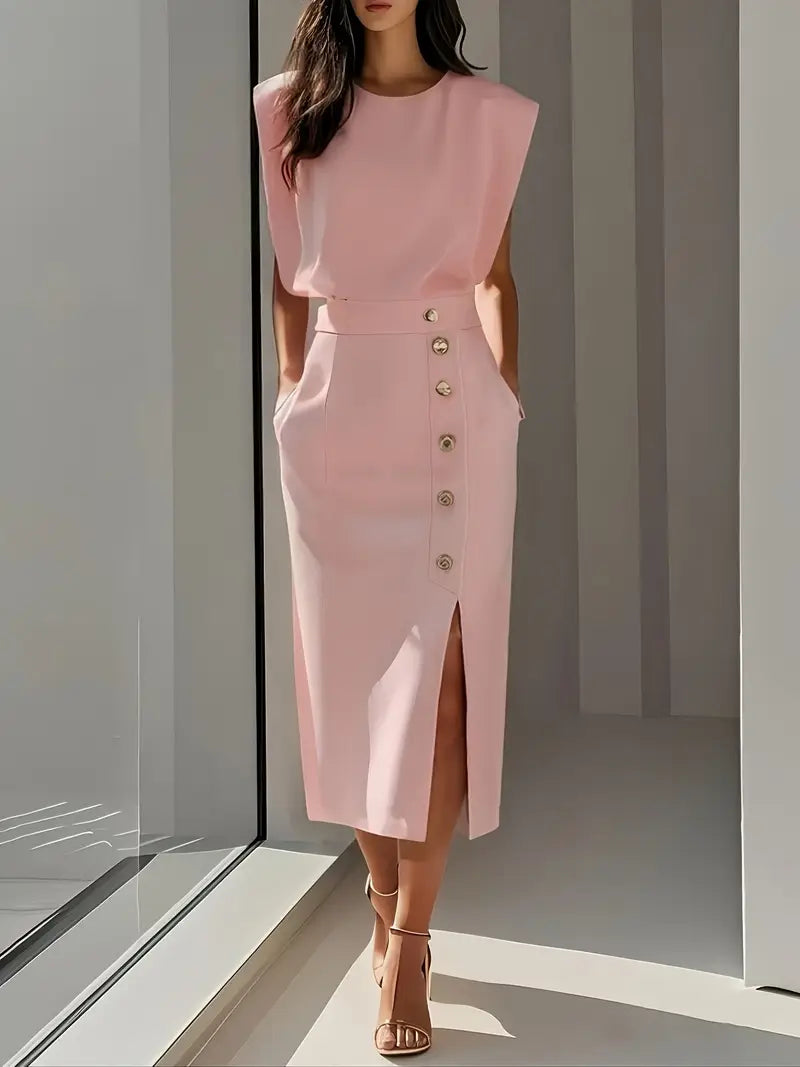 COLETTE™ | structured sleeveless button-detail midi dress