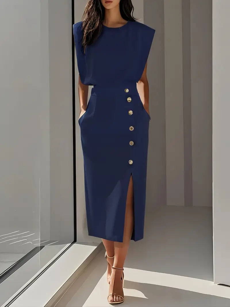 COLETTE™ | structured sleeveless button-detail midi dress