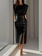 COLETTE™ | structured sleeveless button-detail midi dress