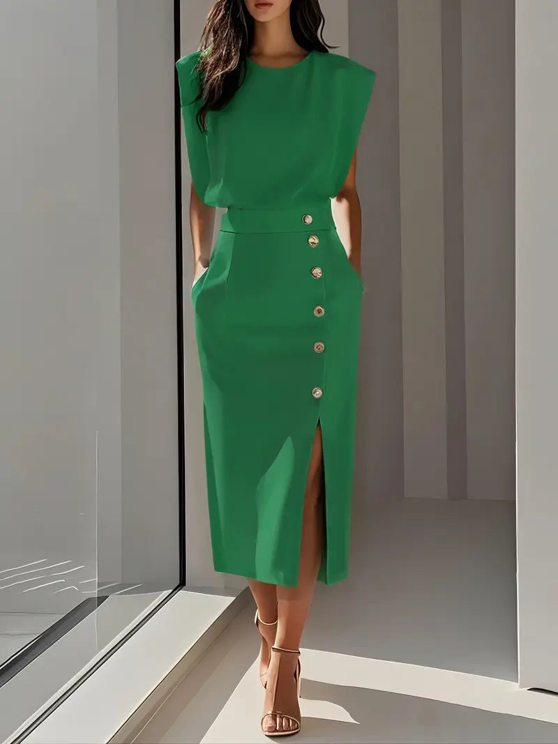 COLETTE™ | structured sleeveless button-detail midi dress