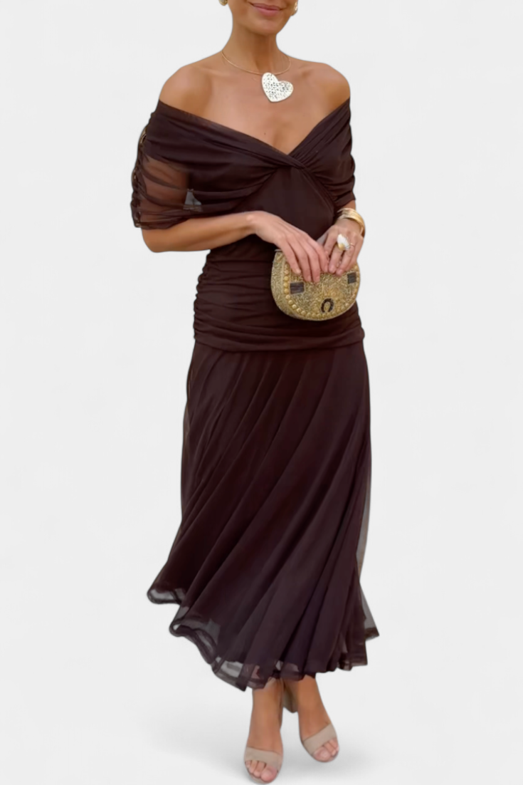 ISADORA™ | off-shoulder ruched chiffon midi dress