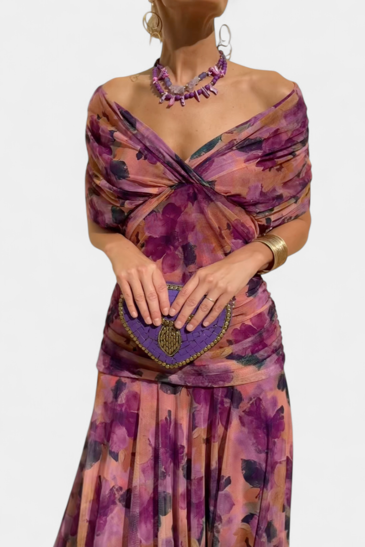 ISADORA™ | off-shoulder ruched chiffon midi dress