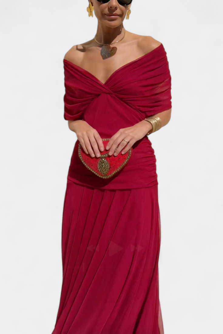 ISADORA™ | off-shoulder ruched chiffon midi dress