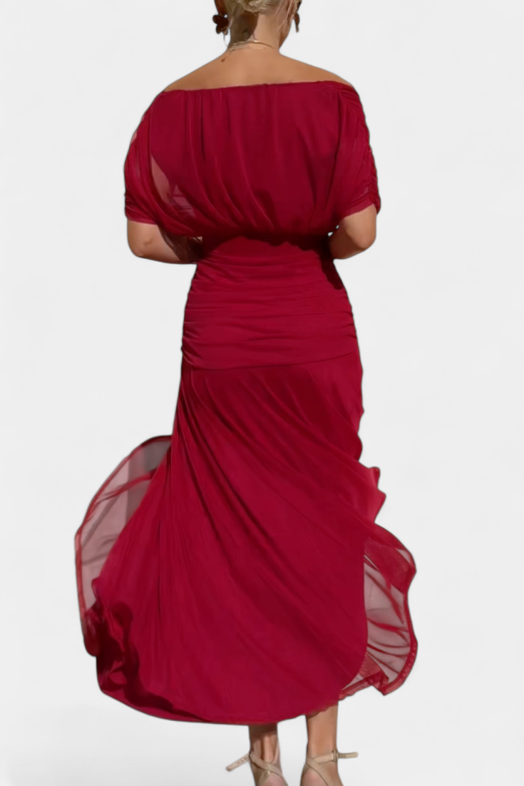 ISADORA™ | off-shoulder ruched chiffon midi dress