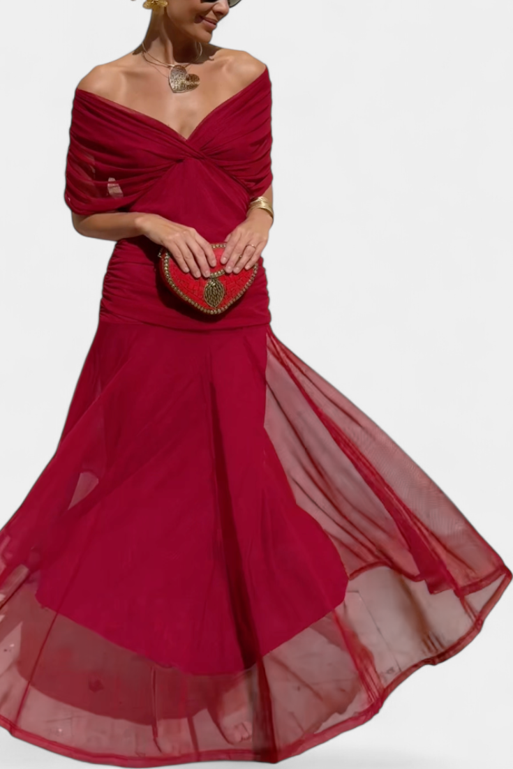 ISADORA™ | off-shoulder ruched chiffon midi dress