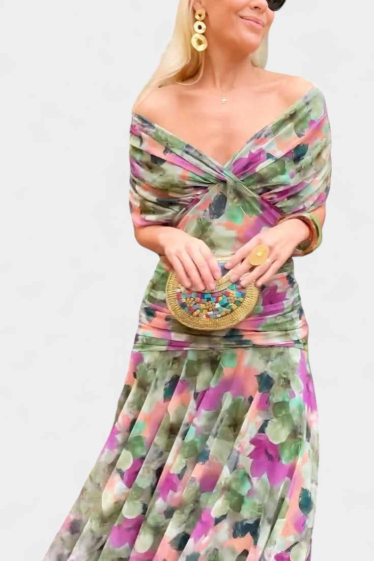 ISADORA™ | off-shoulder ruched chiffon midi dress