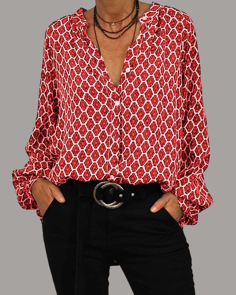 ROXANA™ | patterned button-front long sleeve blouse